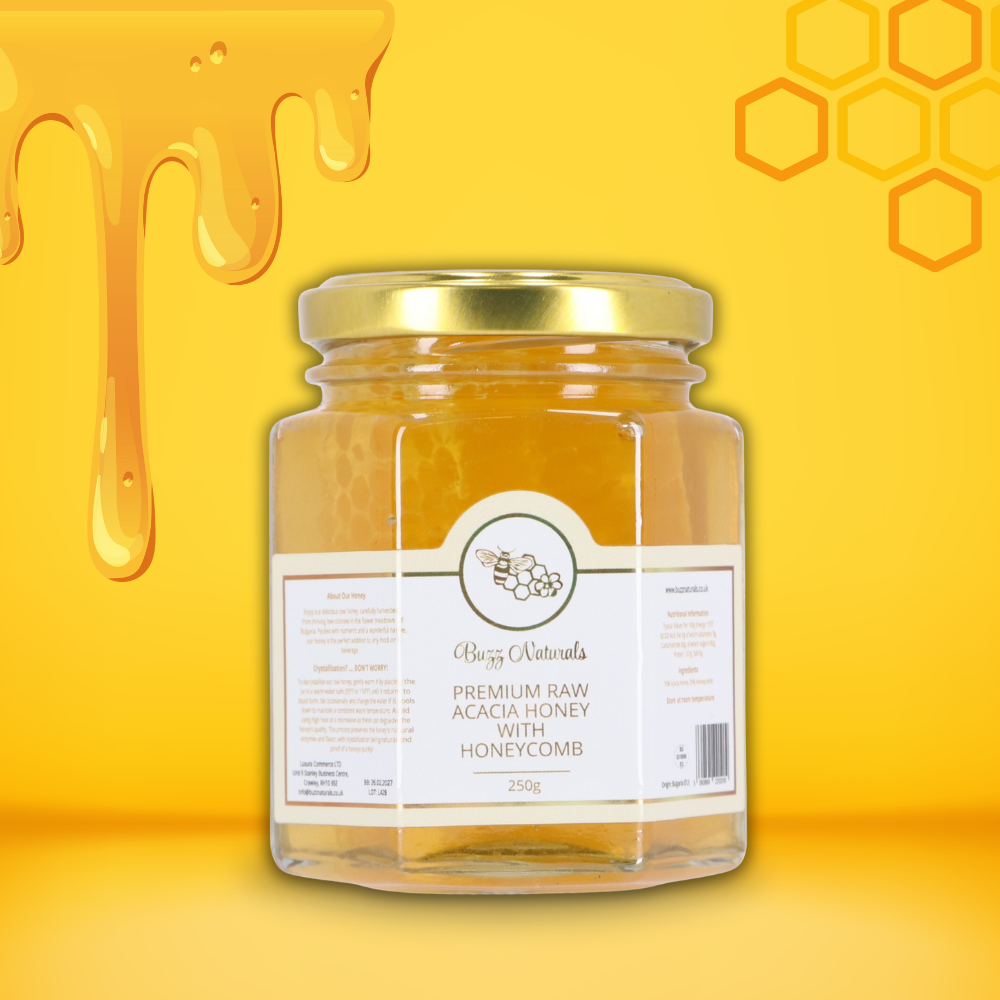 Buzz Premium Raw Acacia Honey with Honeycomb 250g
